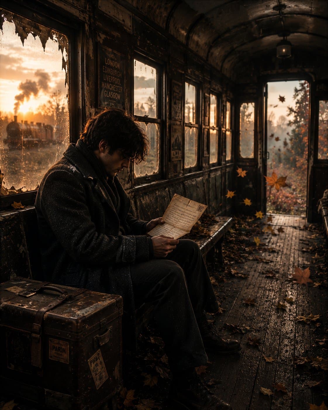 An abandoned 1940s train carriage at dawn, golden sunlight s