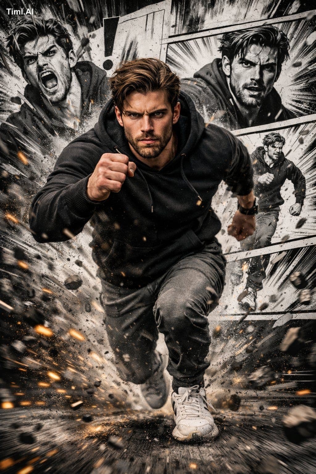 A cinematic, hyper-realistic action portrait of a rugged man