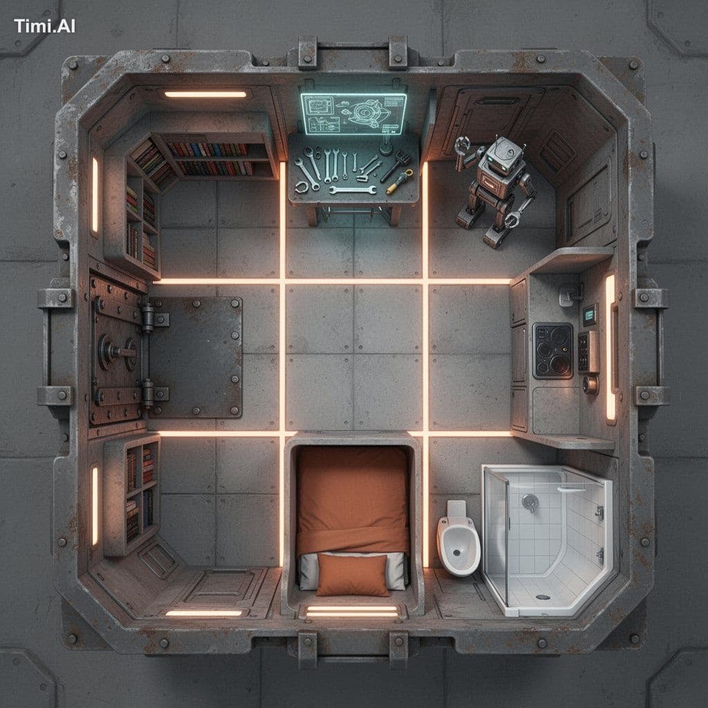 Top-down cutaway floor plan of a compact sci-fi living habit