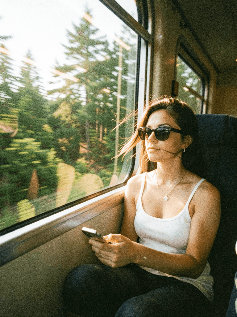 A candid quiet train-window moment during golden afternoon l