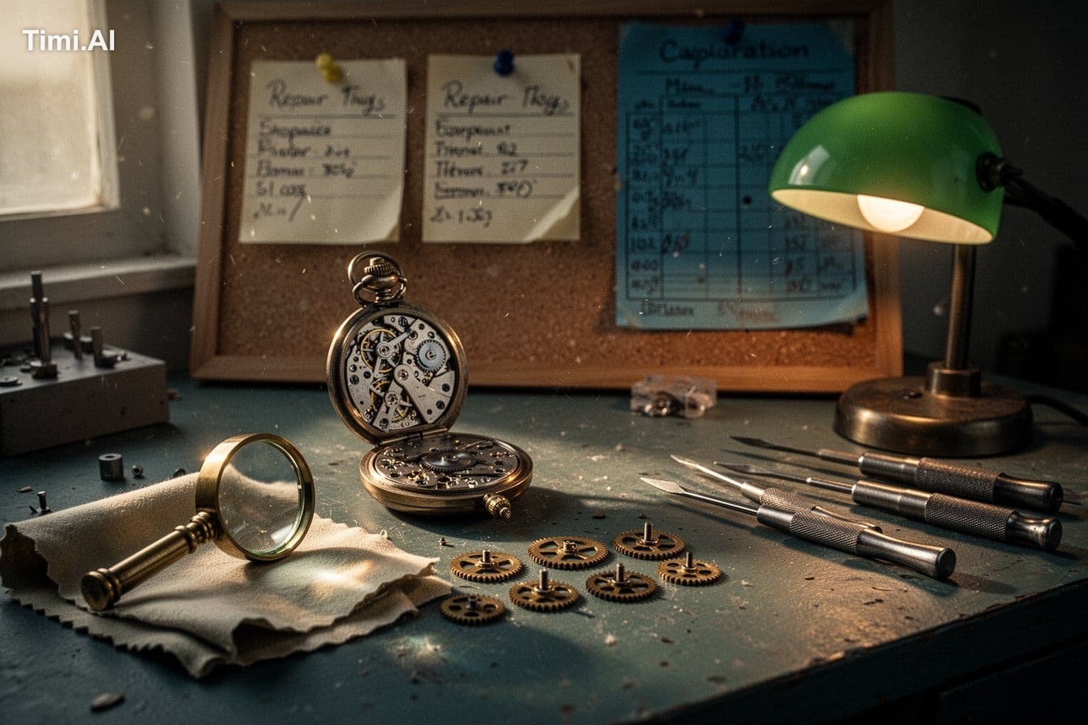 A cluttered watchmaker's workbench at golden hour, shot from