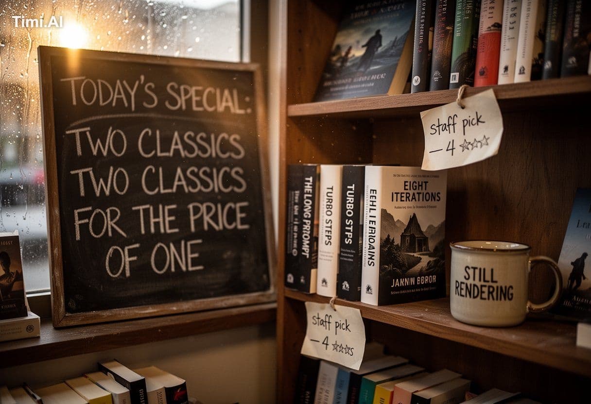 A cozy corner bookshop interior at golden hour, warm tungste