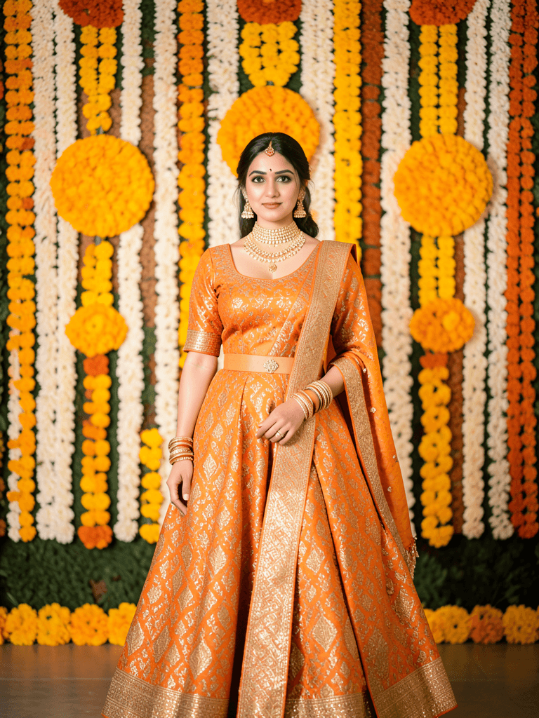 A young woman stands centered in a traditional Indian leheng