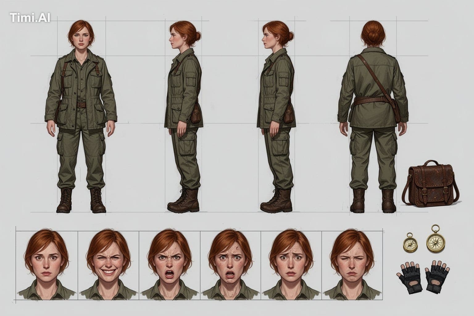 Character reference turnaround sheet on a neutral light-gray