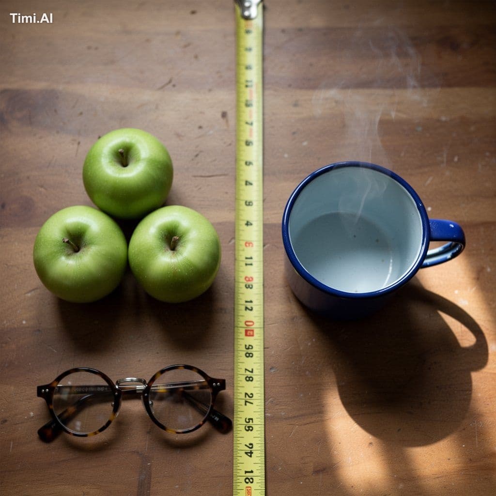 A wooden desk shot from directly overhead, flat lay. On the