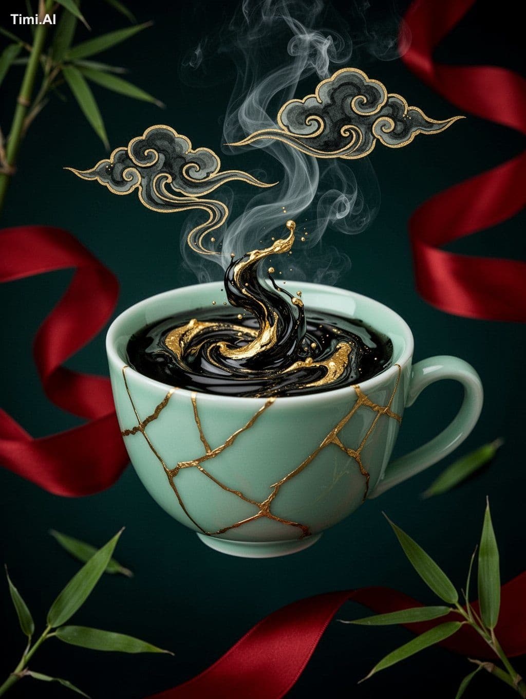 A celadon pale-jade porcelain teacup floating against a deep