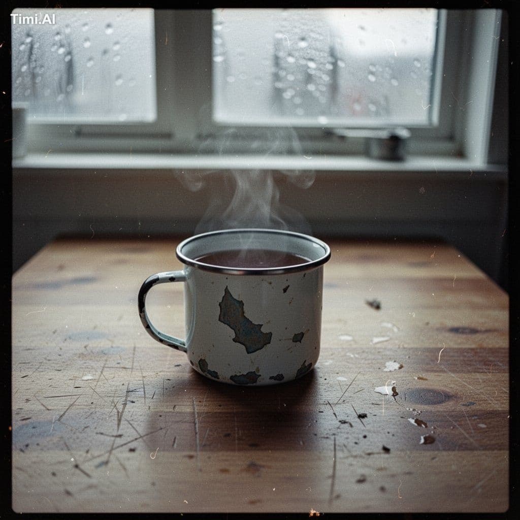 Amateur snapshot on expired 35mm film, a chipped enamel mug