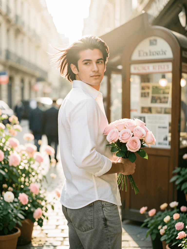 A beautiful young man with dark flowing hair holding a bouqu