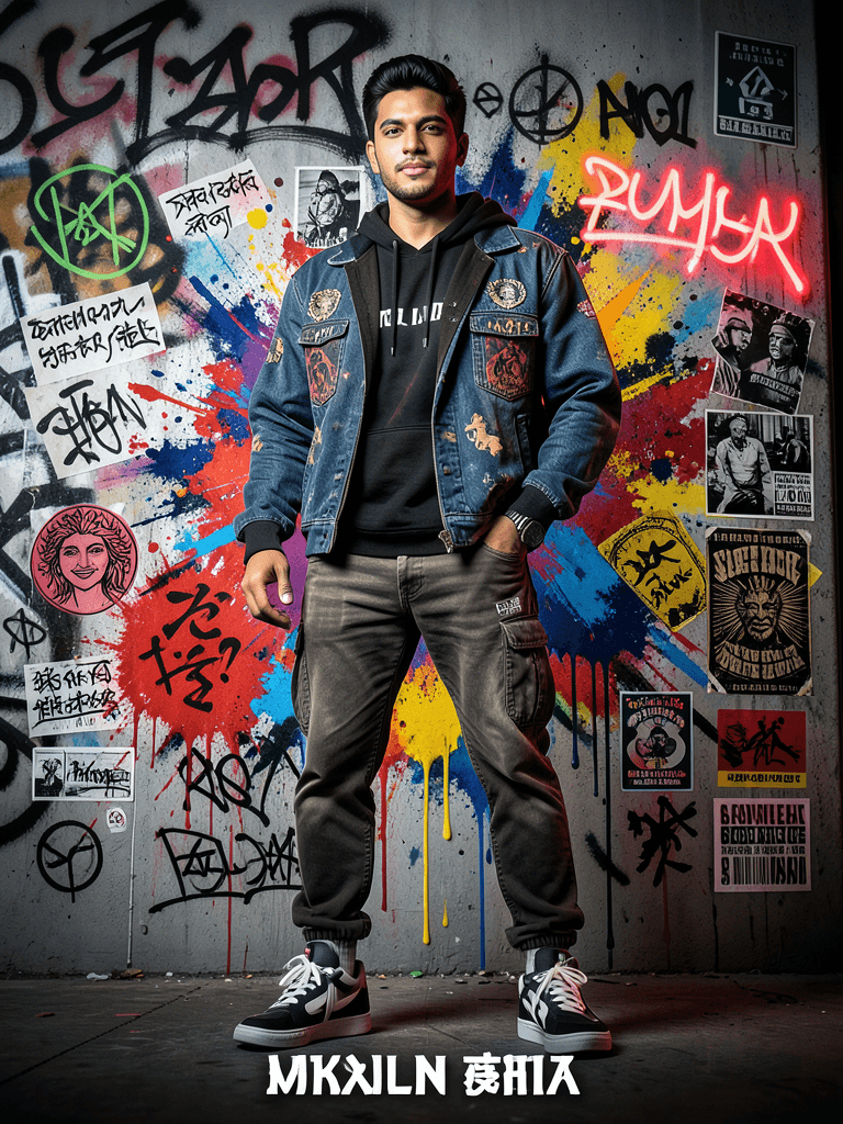 Create a high-detail portrait poster in a bold Japanese graf