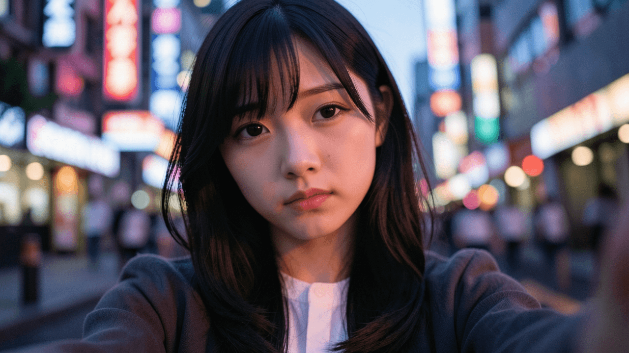 エモーショナルな雰囲気で、夕暮れ時の柔らかな光に包まれた日本人女子大生の自撮り写真。彼女の表情は少し憂いを帯びており、背