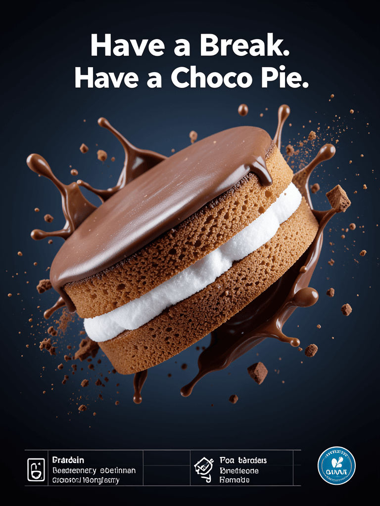 主题与主体
高级商业广告摄影,一颗精致的Choco Pie悬浮于画面中央,呈现出微妙的动态倾斜角度。微距摄影视角捕捉其松
