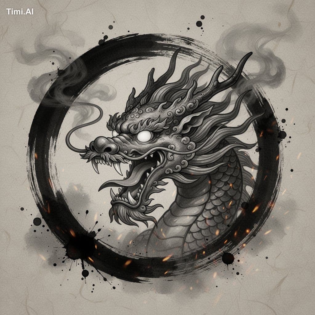Monochrome sumi-e ink-wash artwork of a fierce mythical east