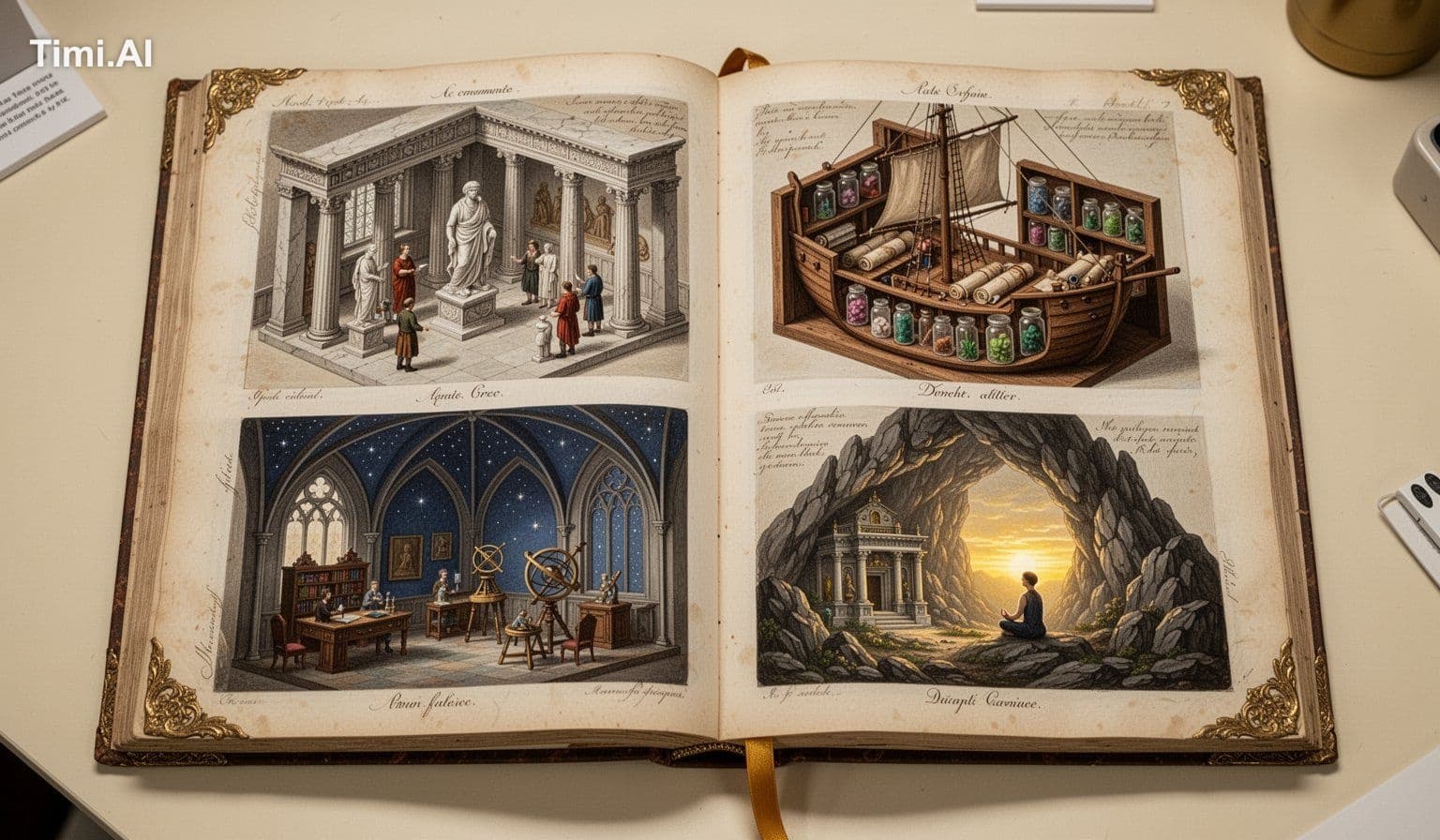 An open antique illustrated book lying flat, photographed to