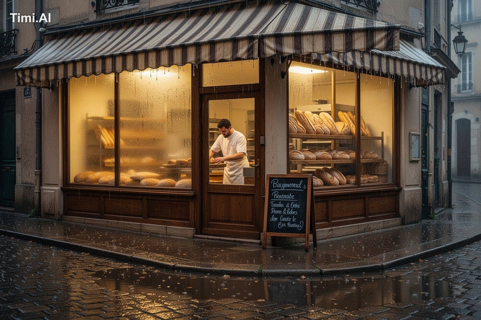A cozy corner bakery on a rainy morning, seen from across th