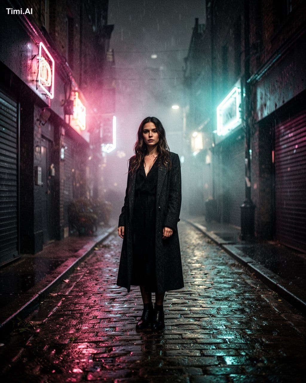 Cinematic portrait of a lone woman in a rain-soaked neon all