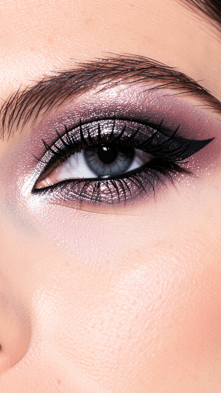 Close-up of artistic eye makeup, bold metallic eyeshadow ble