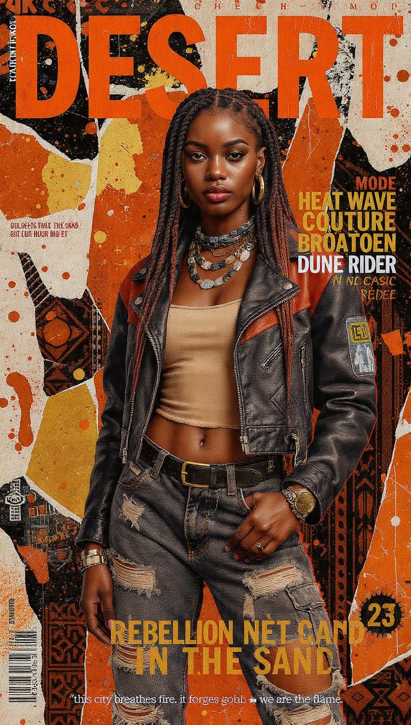 A high-fashion magazine cover titled "DESERT" features a wom