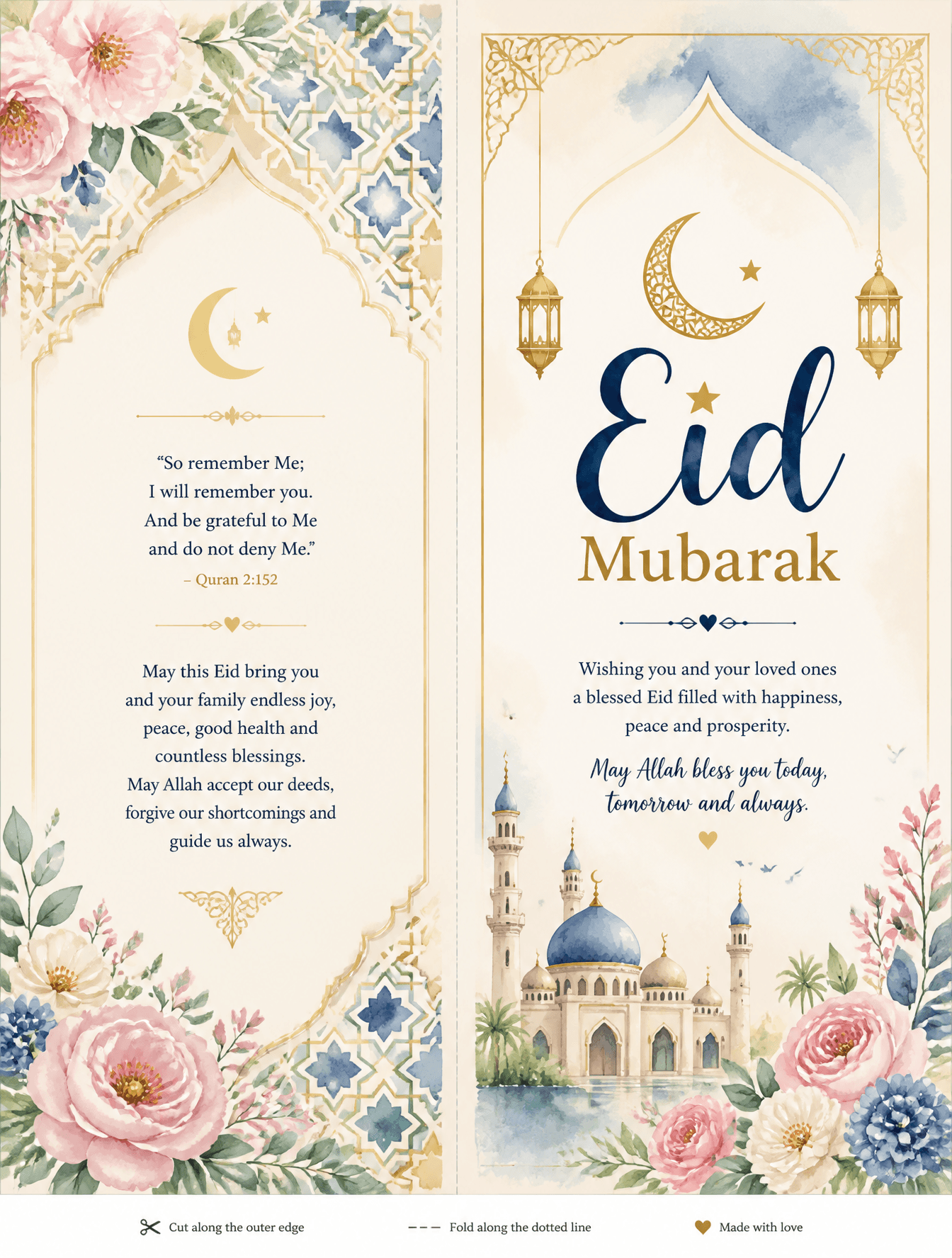 Generate a printable Eid greeting card template with waterco