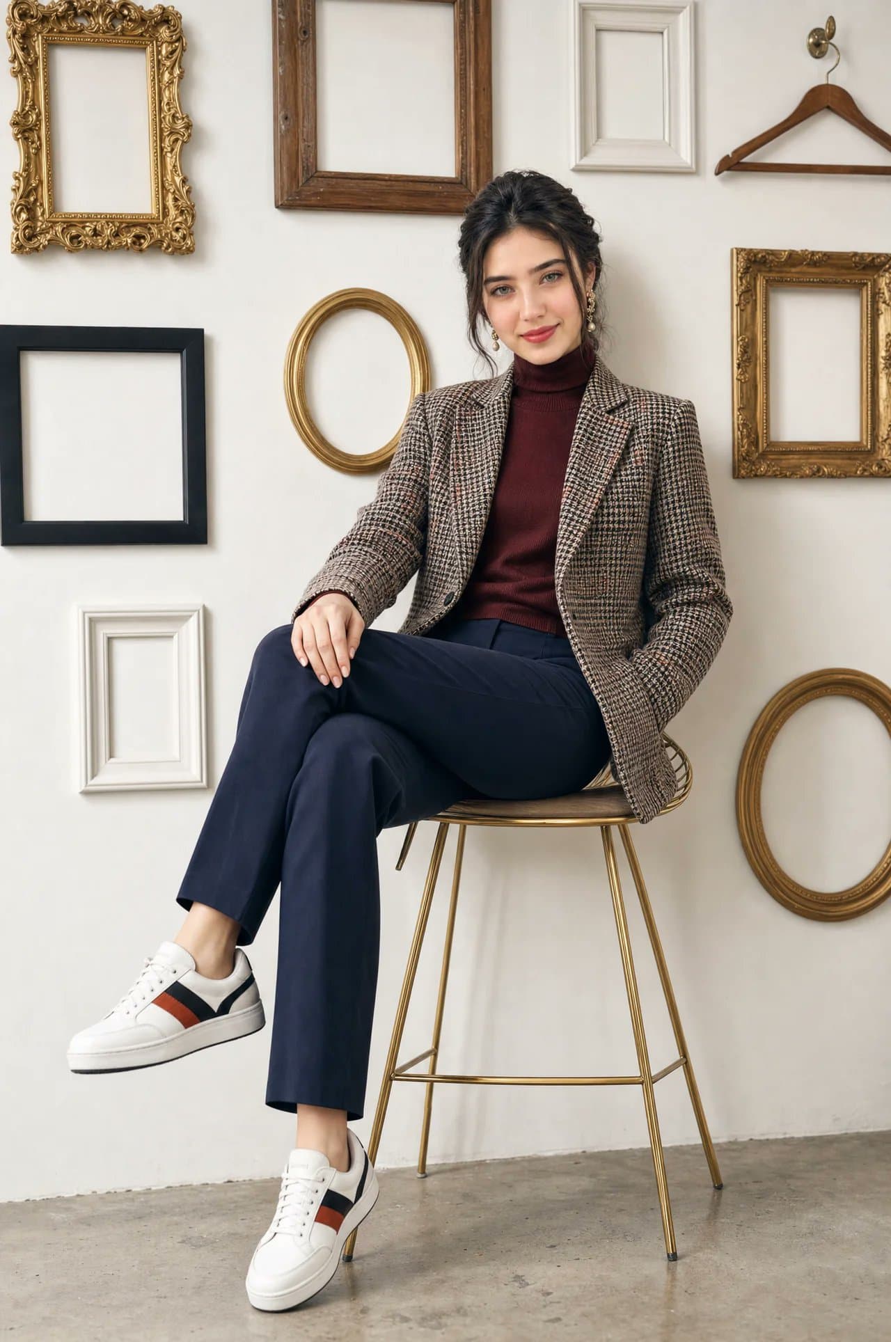 A stylish young woman with sleek dark hair styled back, defi