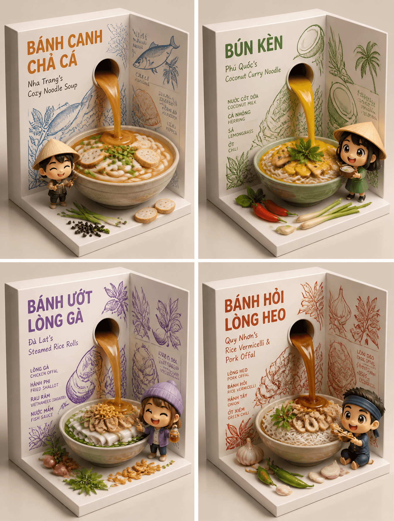 2x2 grid, do this for 4 hidden gem Vietnam foods select * fr