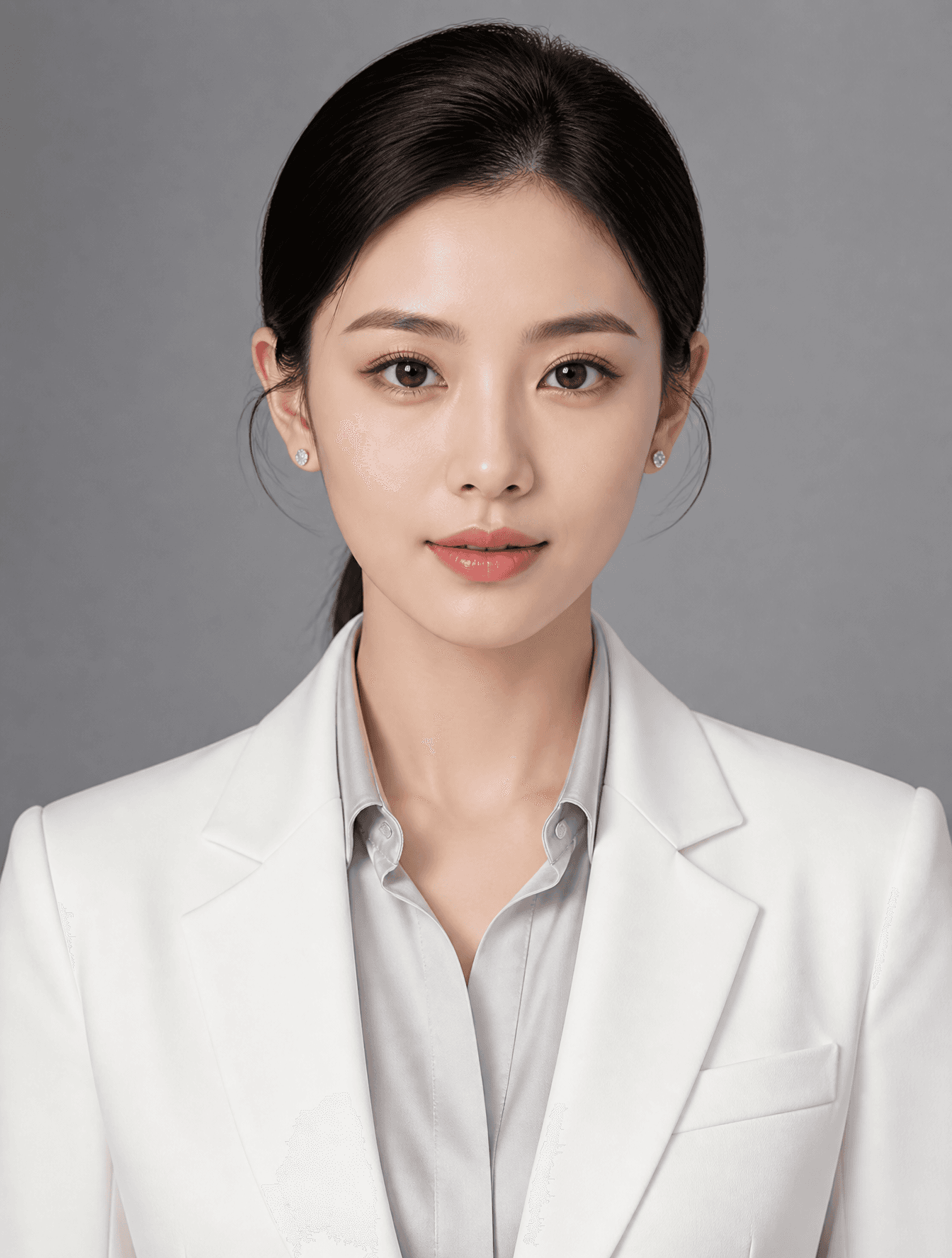 人物肖像照,正面,28岁东亚年轻女生,28岁亚洲女性职业肖像,乌黑低丸子头,佩戴简约白金耳钉(直径8mm)。五官特征:粉