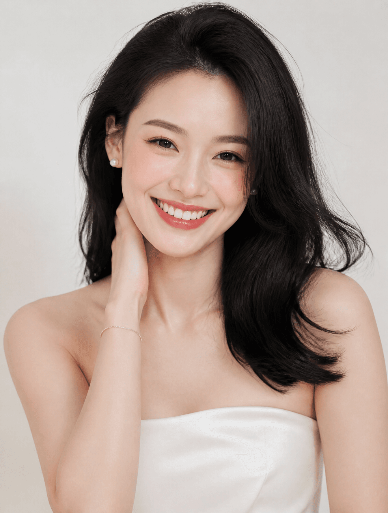 人物肖像照,正面,帮我生成肖像照,正面,28岁亚洲女性肖像,舒淇同款明媚笑容,鹅蛋脸,额头饱满,下颌线流畅。眉毛是自然的