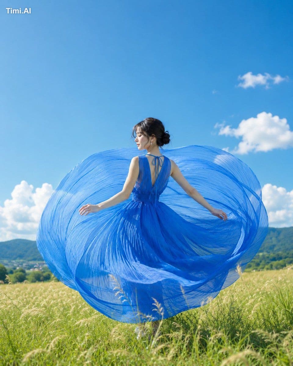縦長4:5のリアル写真。夏の高原に立つ一人の女性を画面中央やや右に配置し、全身から膝下までが大きく写る。鮮やかな青いロン