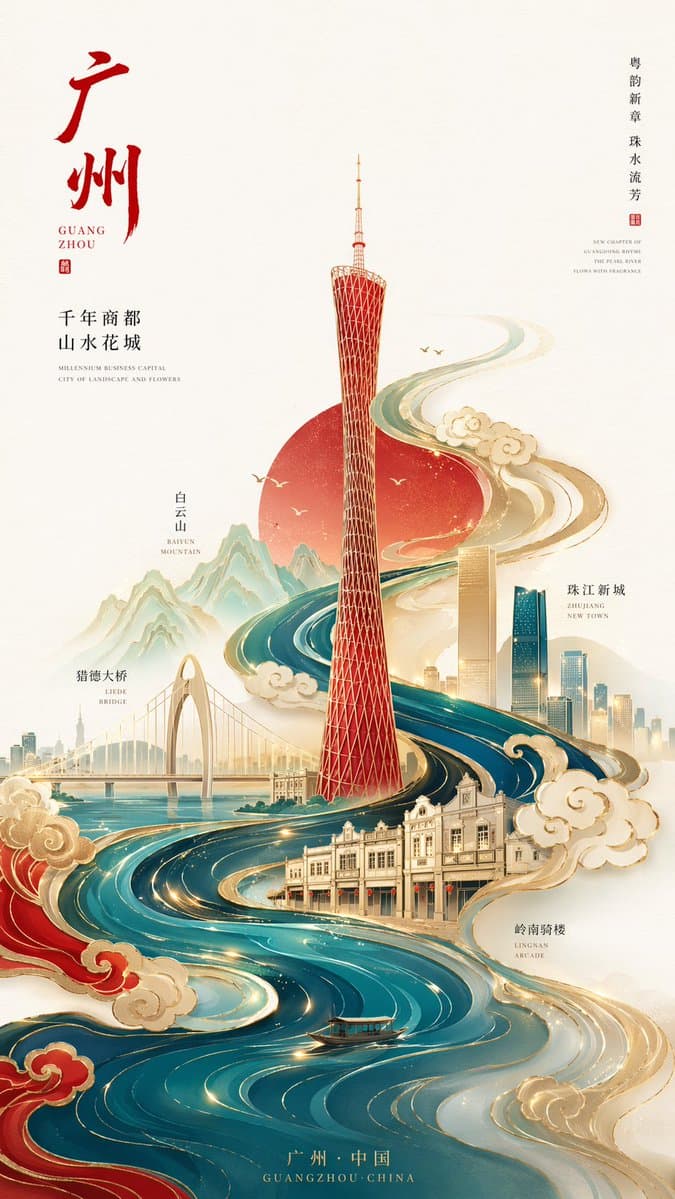 新中式极简风格高端城市海报，9:16竖版构图，以广州为核心主题，画面中心为抽象几何化的广州塔，造型简洁但具有辨识度， 整