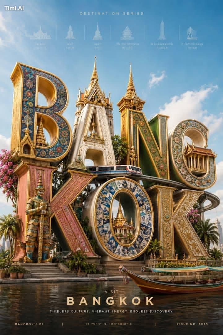 3D photorealistic travel poster for Bangkok, vertical layout