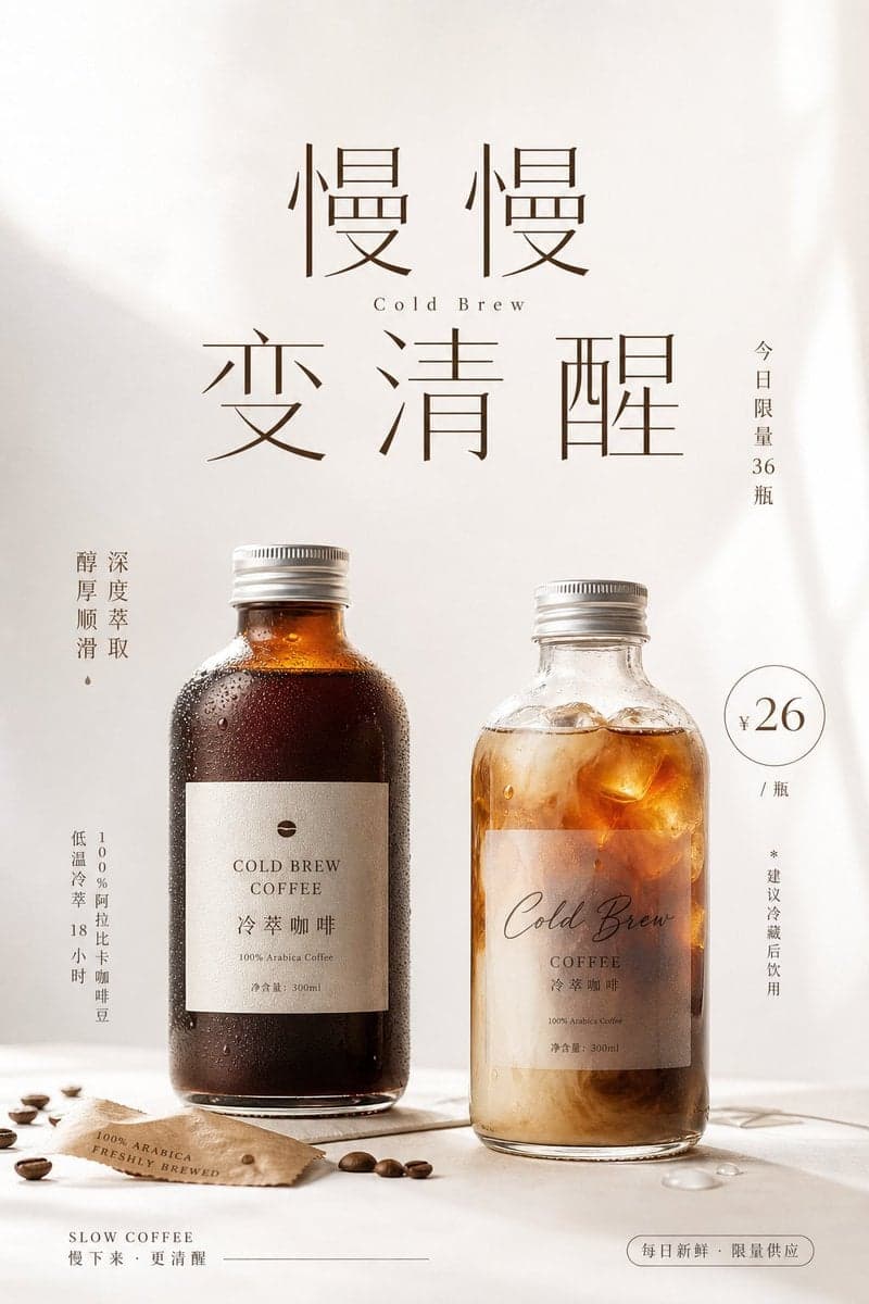 围绕[主题对象]生成一张明亮清透的商业信息视觉：上方保留大面积呼吸空间，中心以极大的中文主题字作为第一视觉，字距疏朗、笔