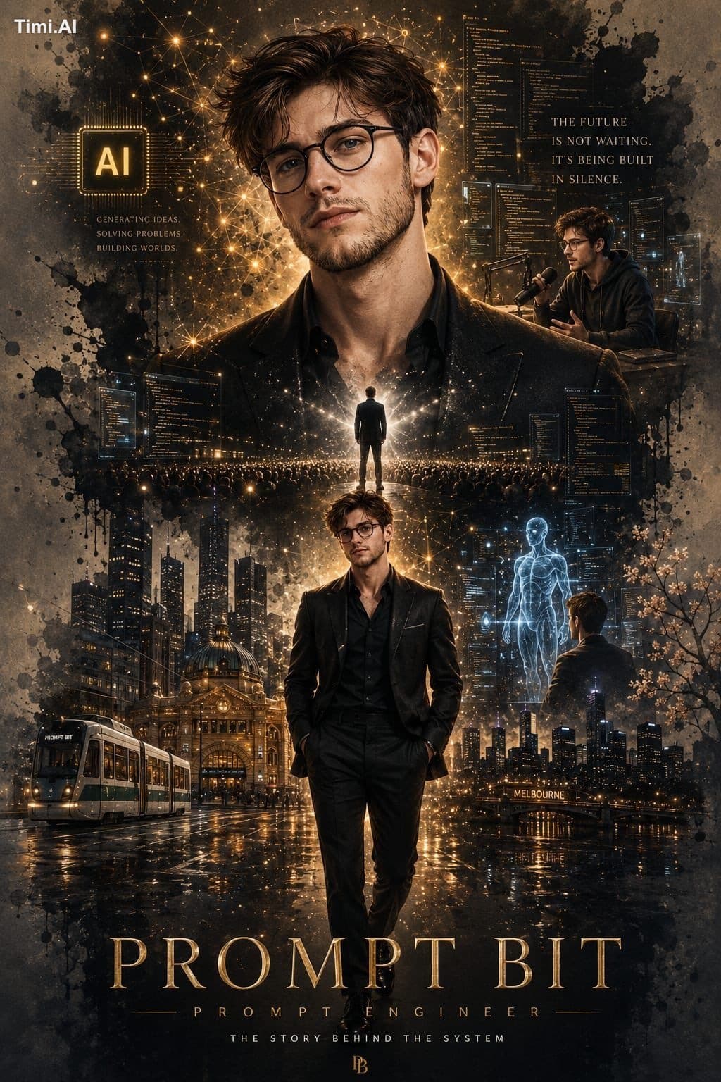 Ultra-detailed cinematic AI movie poster of a stylish young 