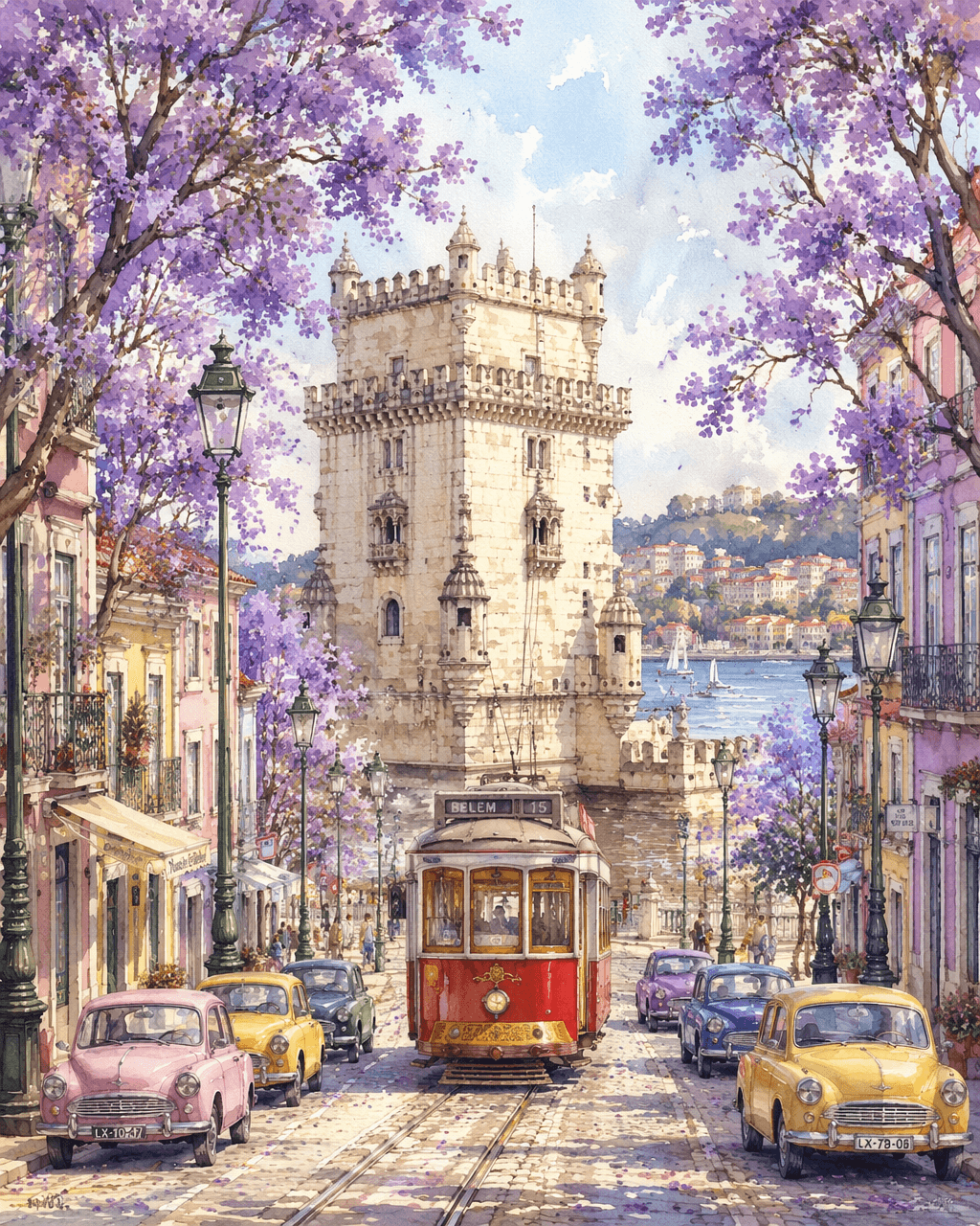 Vertical watercolor illustration, street view of Belém Tower