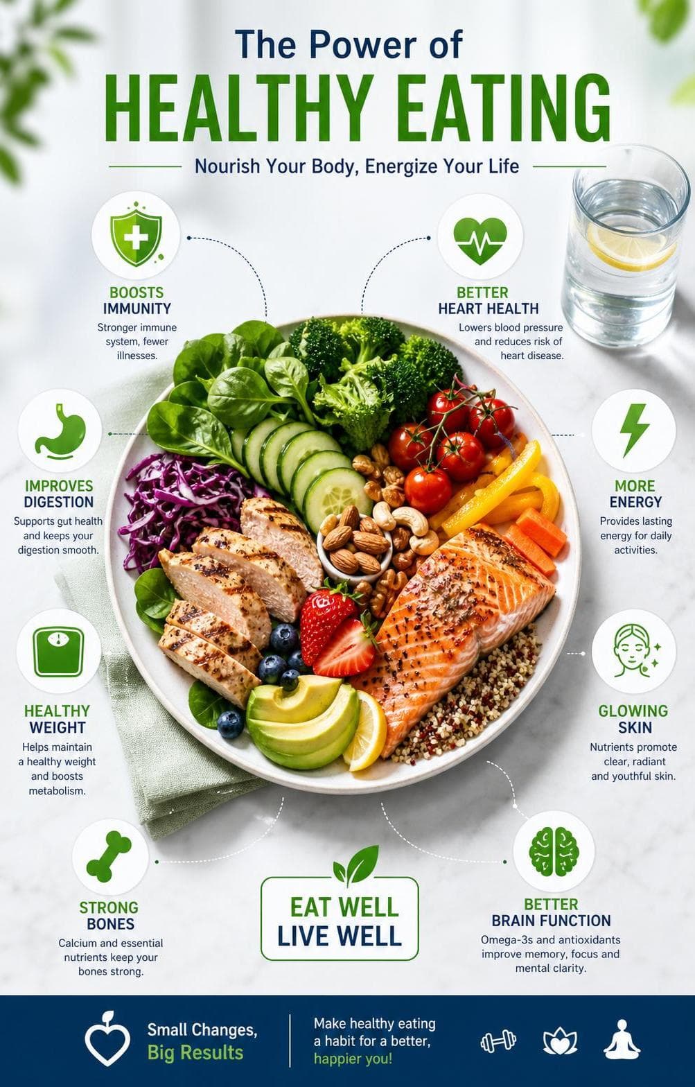 Ultra-realistic 3D infographic poster comparing healthy eati