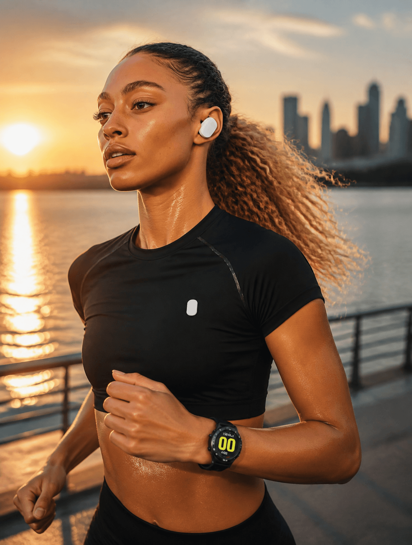 An athletic runner jogging along a waterfront at sunrise wea
