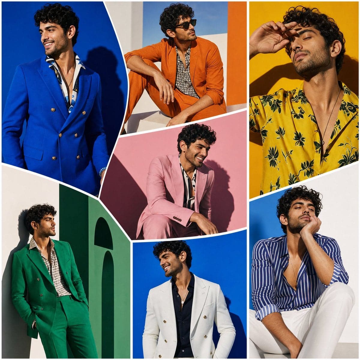 The SAME male model displayed across oversized random-shaped