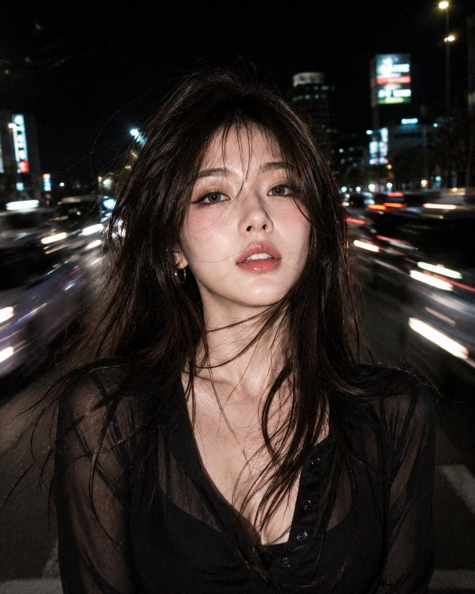 Ultra realistic RAW night flash portrait of a beautiful youn