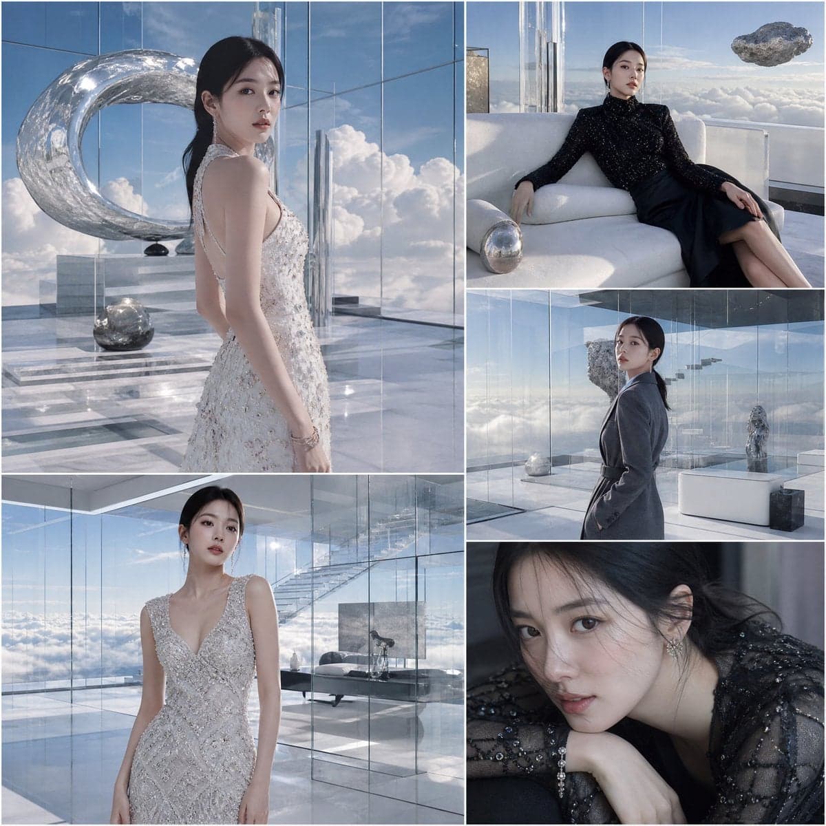 A luxury fashion collage featuring a stylish Korean female c