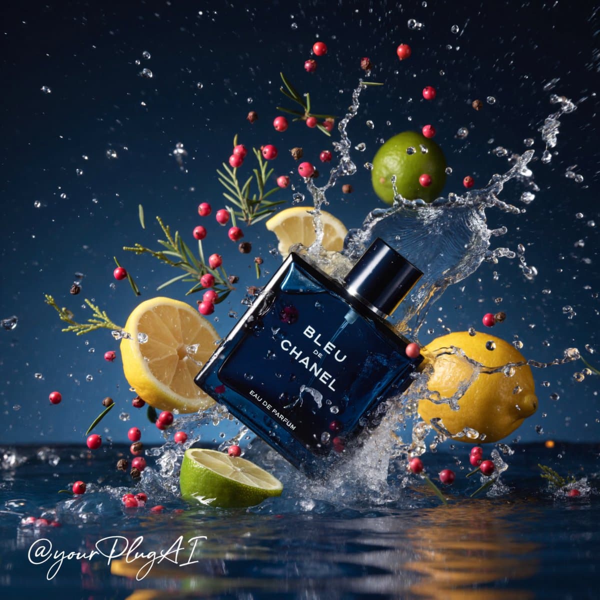 Create a hyper-realistic cinematic luxury perfume product ph