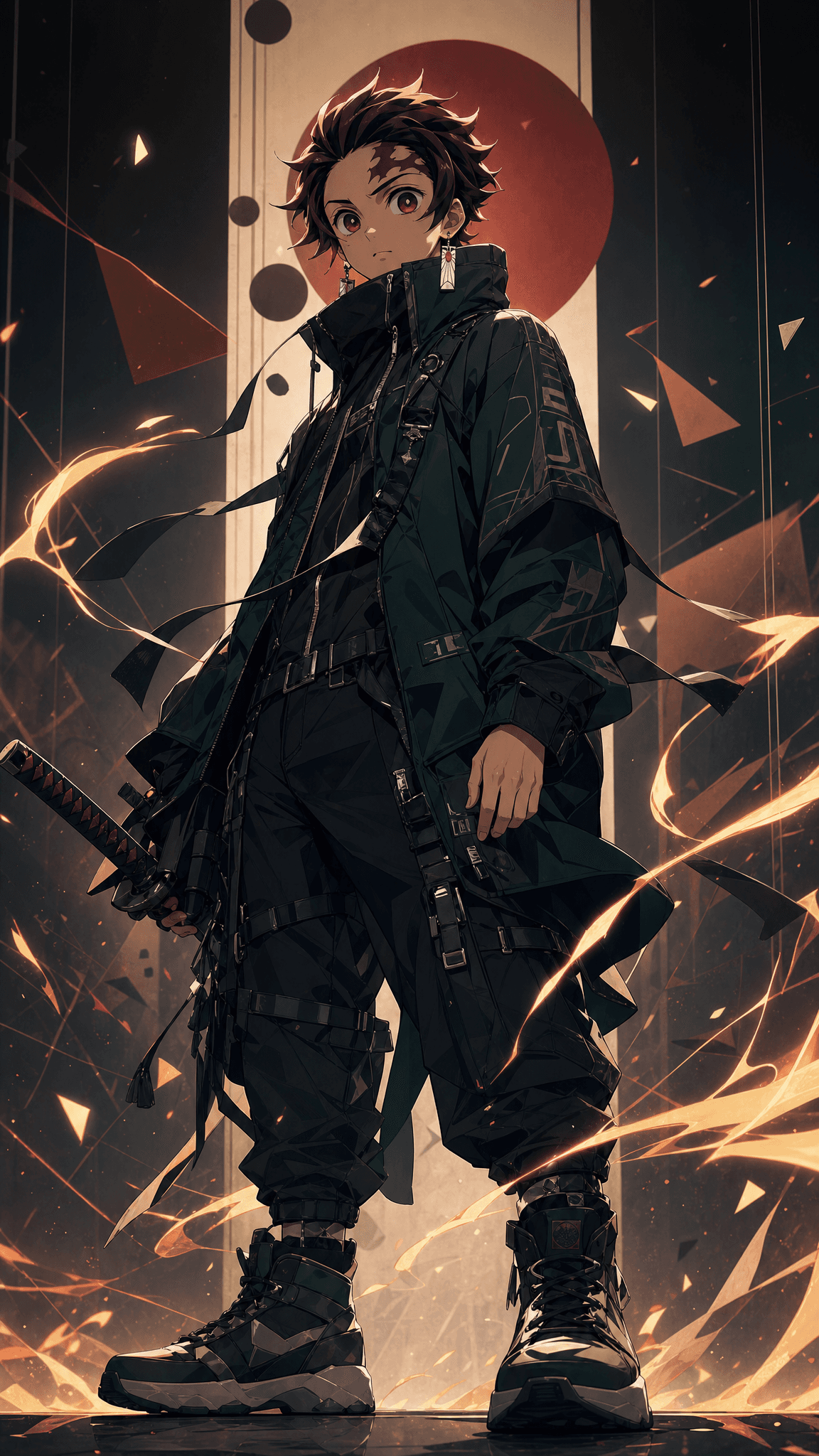 Tanjiro Kamado, modern techwear aesthetic, confident battle-