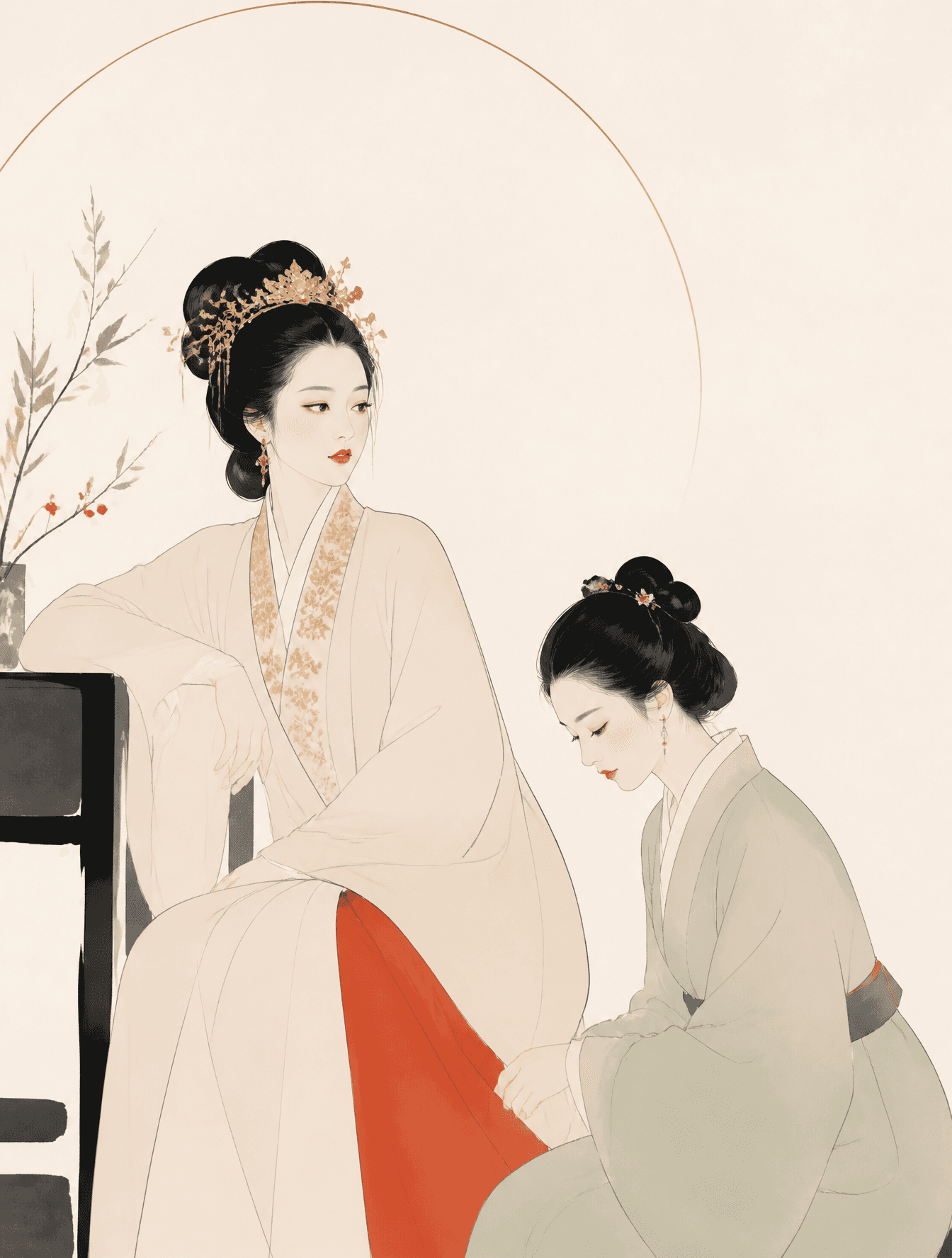 一张极简主义现代杂志风格插画,主体为红楼梦里的王熙凤和平儿。画面以干净流畅的线条塑造形象,造型简洁但富有美感,背景保留大