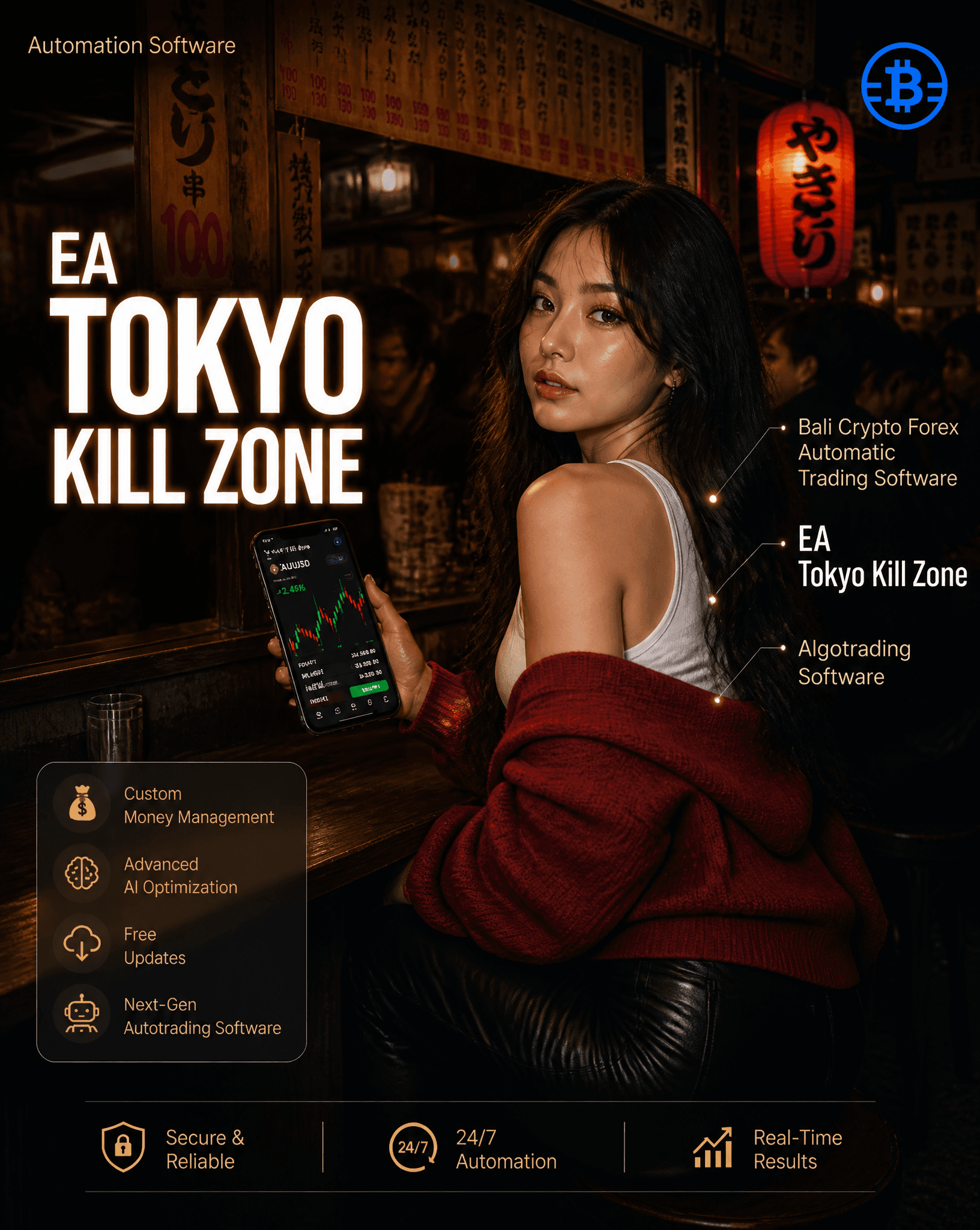 Advertisement poster for “BALI CRYPTO FOREX” product: EA Tok