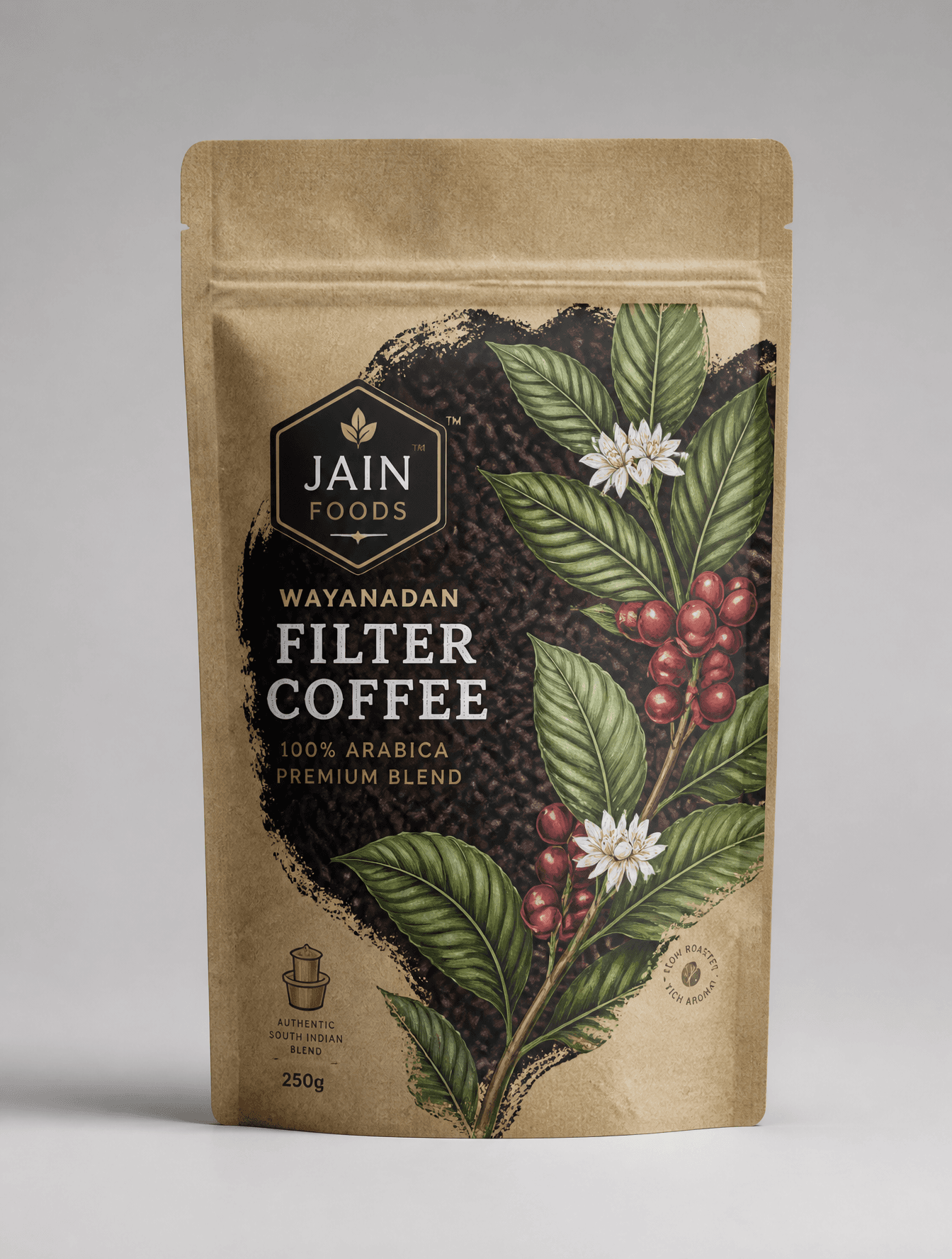 A vertical kraft paper stand-up pouch for "Jain Foods Wayana
