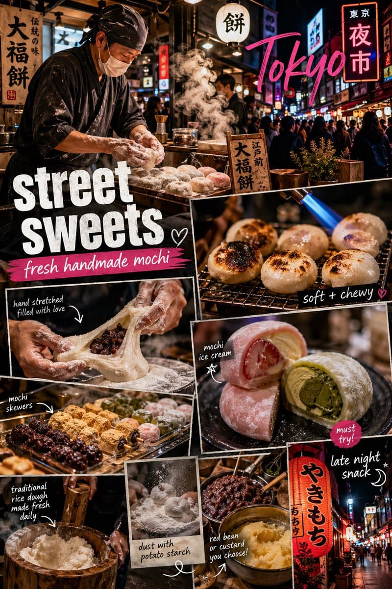 A vibrant Tokyo street food scene focused on Japanese mochi