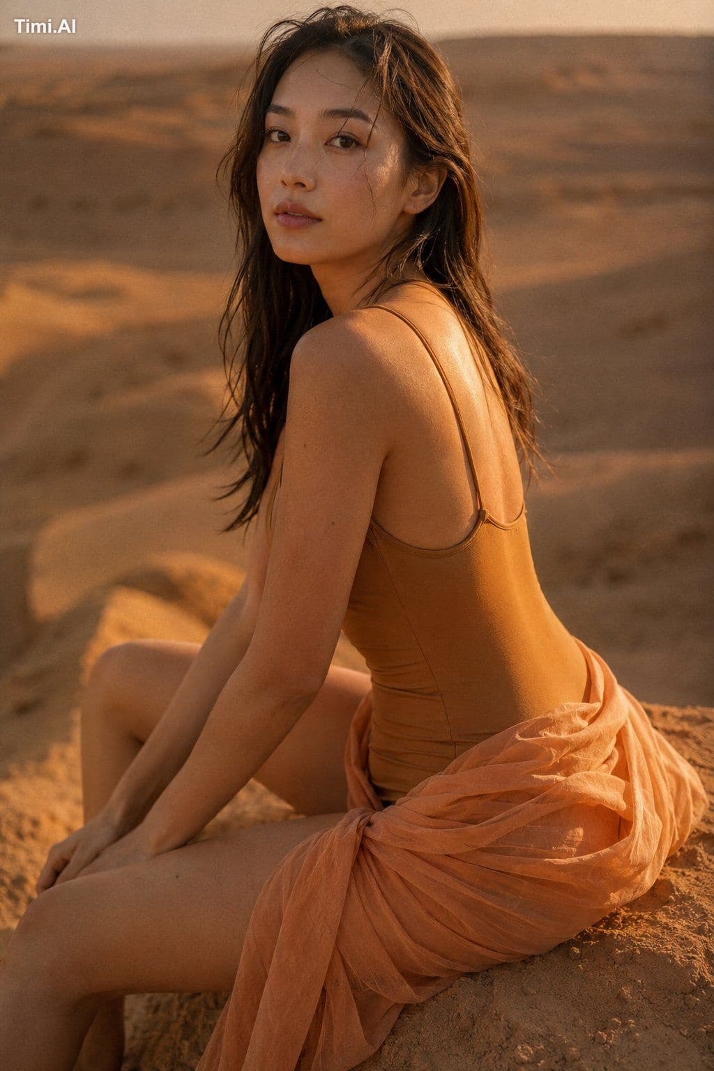 A young Japanese woman wears a honey-toned swimsuit with a s