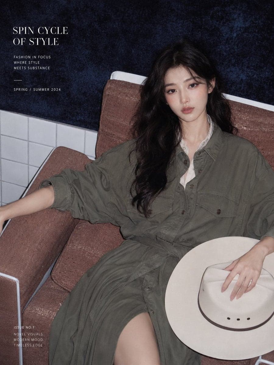 一组高级时尚杂志人像大片,年轻成熟女性,黑色长卷发,清冷淡颜,安静克制的眼神,微微慵懒但有力量感。穿军绿色宽松工装衬衫裙