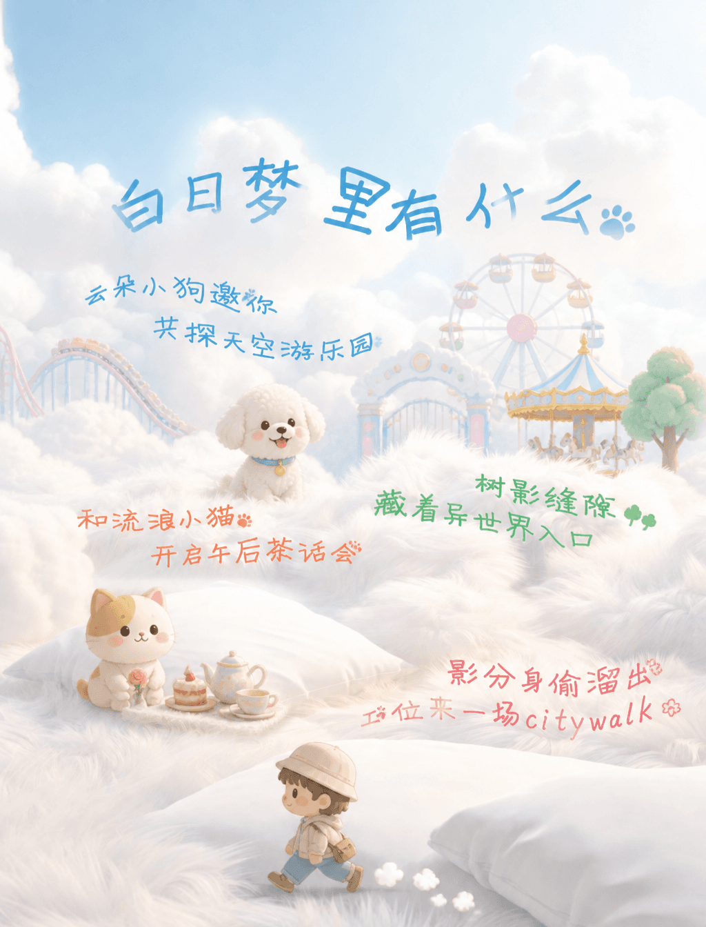 根据画面，和[image2]文字内容，分别加上小狗，游乐园，小猫和走路的卡通小元素
