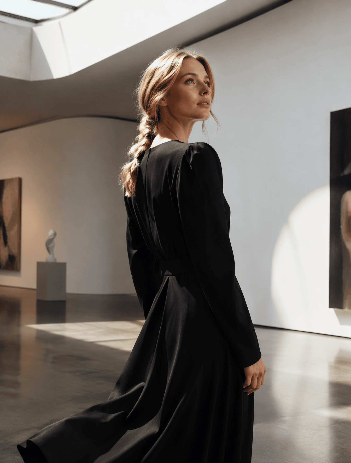 A sophisticated 23-year-old woman with luminous fair skin, s