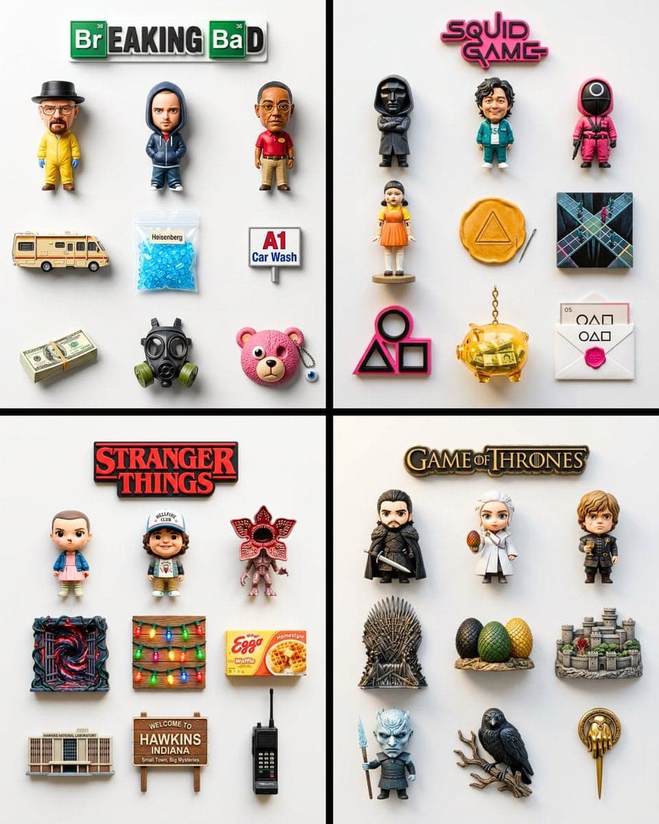 A flat-lay of exactly 9 hyper-realistic 3D resin fridge magn