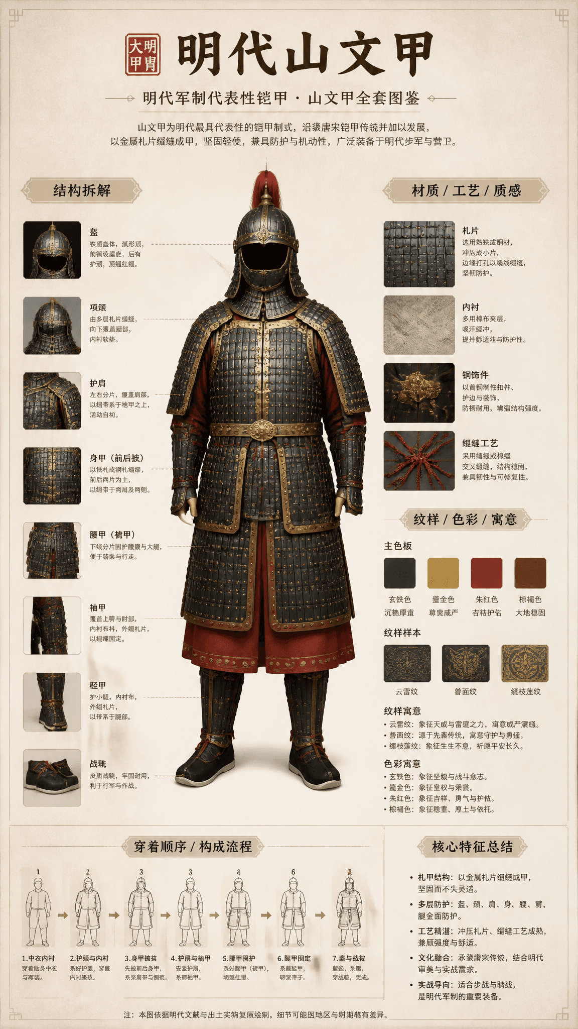 请根据明代甲胄自动生成一张[博物馆图鉴式中文拆解信息图]。

要求整张图兼具真实写实主视觉、结构拆解、中文标注、材质说明