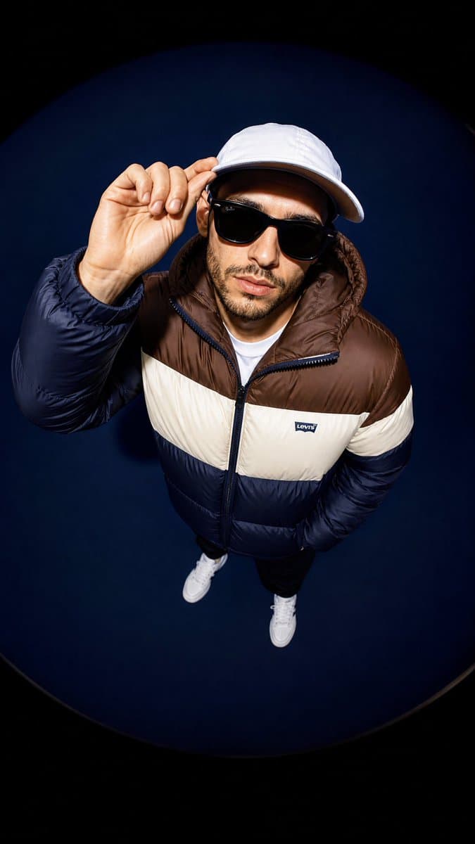 A high-angle fisheye lens shot of a male model looking up at